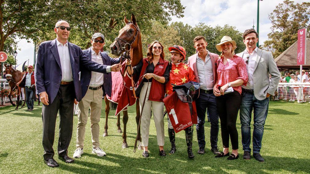 Rose Bloom with (left and second left) Nicolas Clement and China Horse Club principal Teo Ah Khing, Michael Smith (third right) and Matt Houldsworth (far right)