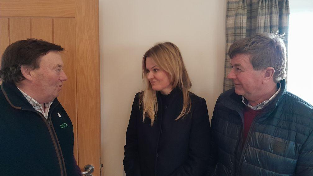 Laura Farris meeting Nicky Henderson (left) and William Muir in Lambourn on Friday