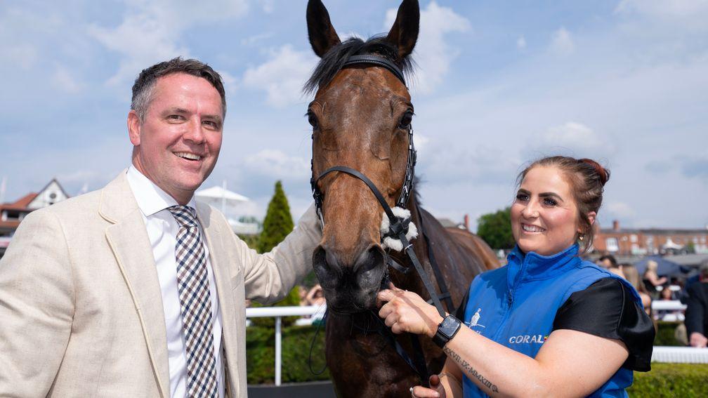 Michael Owen and Charlotte Kerry pose with Chester Cup winner Zoffee