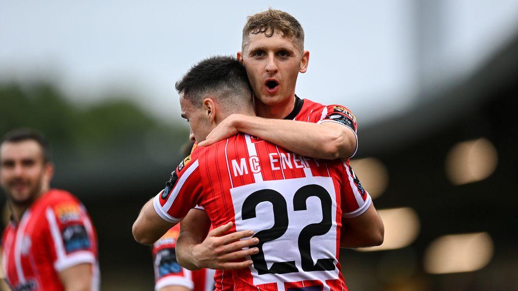 Jordan McEneff and Ronan Boyce celebrate Derry's win over Drogheda