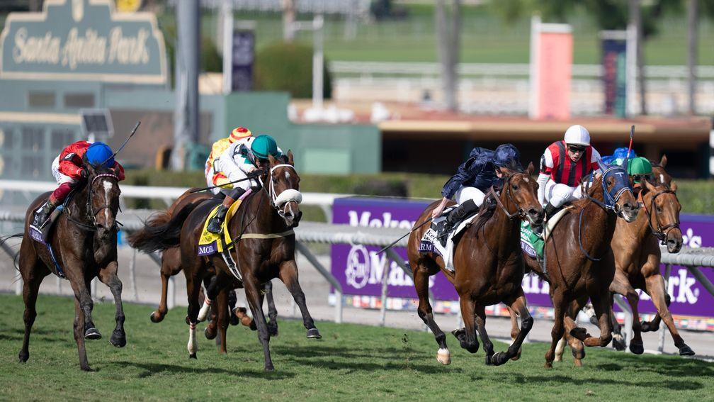 Inspiral (left) hits full gear in the Filly & Mare Turf