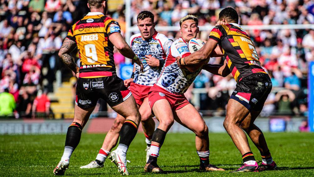 Leigh Leopards' Lachlan Lam searches for a way through against Salford