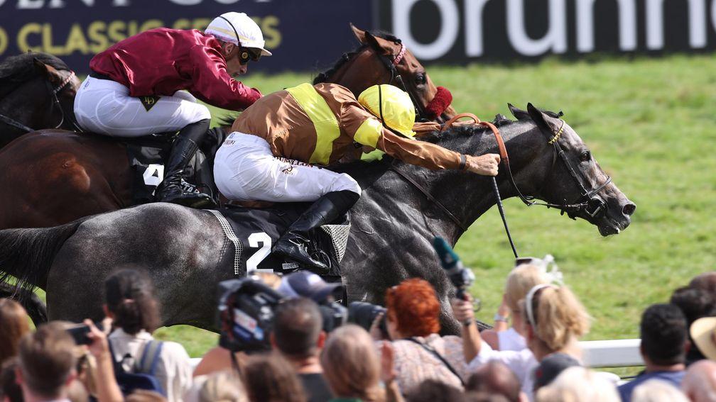 Zagrey and Christophe Soumillon (near side) just get up to win the Group Grosser Preis von Baden