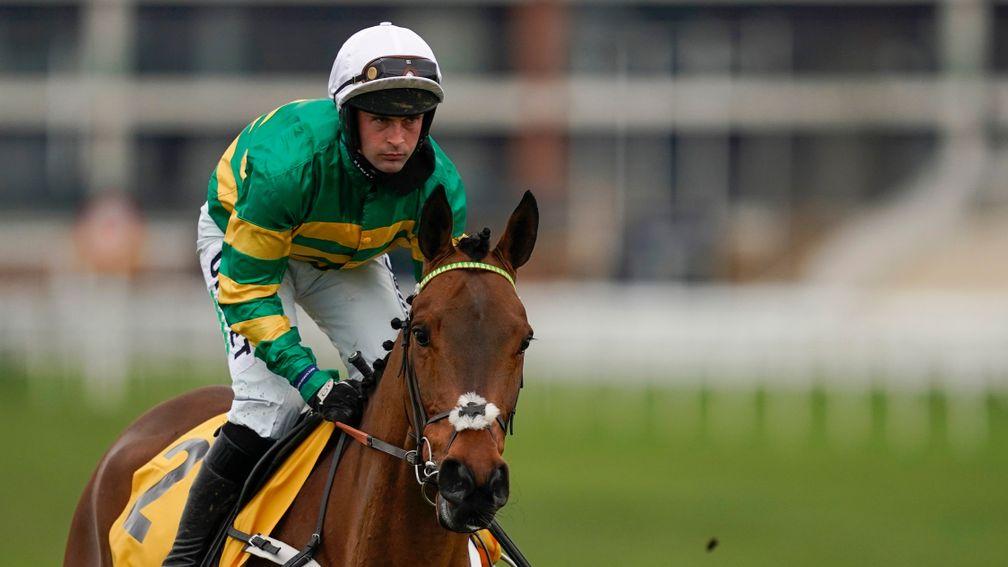 NEWBURY, ENGLAND - FEBRUARY 21: Nico de Boinville riding Champ make their way to the start for The Betfair Game Spirit Chase at Newbury Racecourse on February 21, 2021 in Newbury, England. Due to the coronavirus pandemic, owners along with the paying publ
