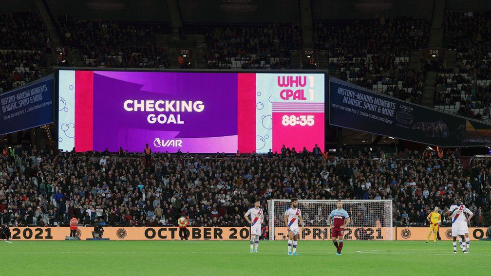 A VAR review takes place during the Premier League match between West Ham United and Crystal Palace