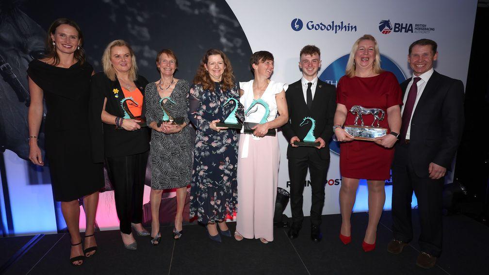 Sarah Guest 2023 Employee of the Year presented by Richard Johnson and Francesca Cumani with all the award winners The Thoroughbred Industry Employee Awards sponsored by Godolphin York Racecourse 20.2.23 Pic Dan Abraham-focusonracing.com