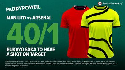 Grab 40-1odds for Bukayo Saka to have 1+ shots on target in Sunday's Manchester United vs Arsenal match: Paddy Power Premier League enhanced odds betting offer