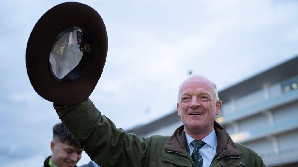 Willie Mullins celebrates his 100th festival victory after Jasmin De Vaux's win in the Champion Bumper