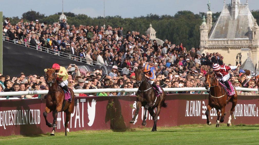 Derby entry Salouen (mauve silks) chases home National Defense in the Prix Jean Luc Lagardere, form which ties in closely with another Epsom candidate in Akihiro
