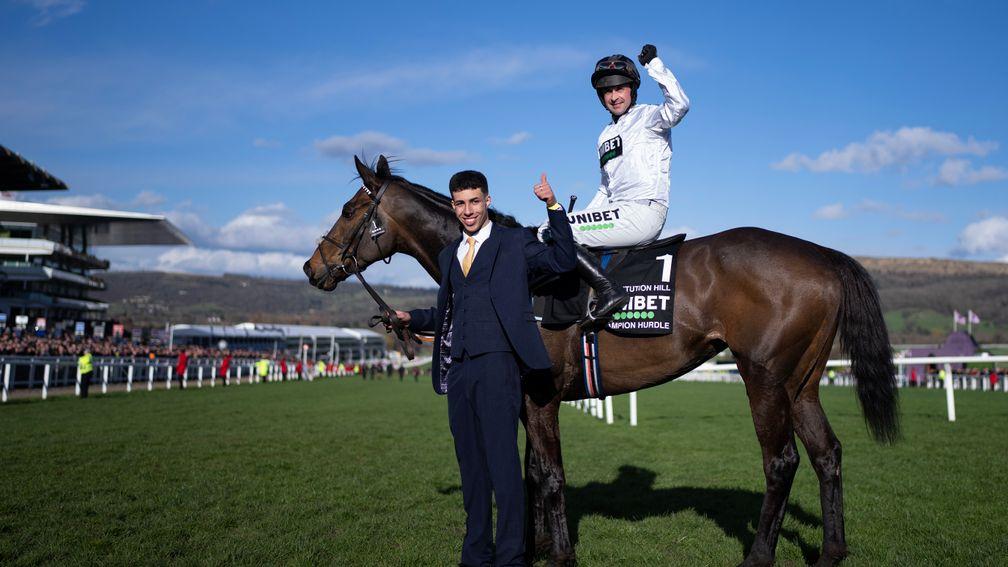Jaydon Lee with Constitution Hill and jockey Nico de Boinville after the Champion Hurdle