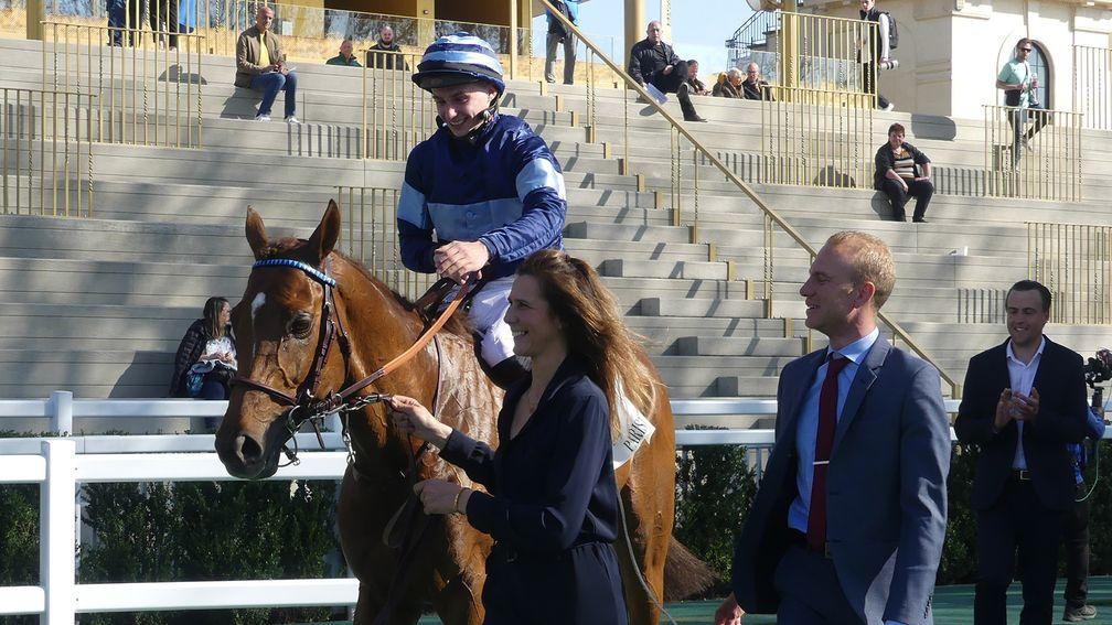 Simca Mille and Alexis Pouchin after winning the Prix d'Harcourt at Longchamp