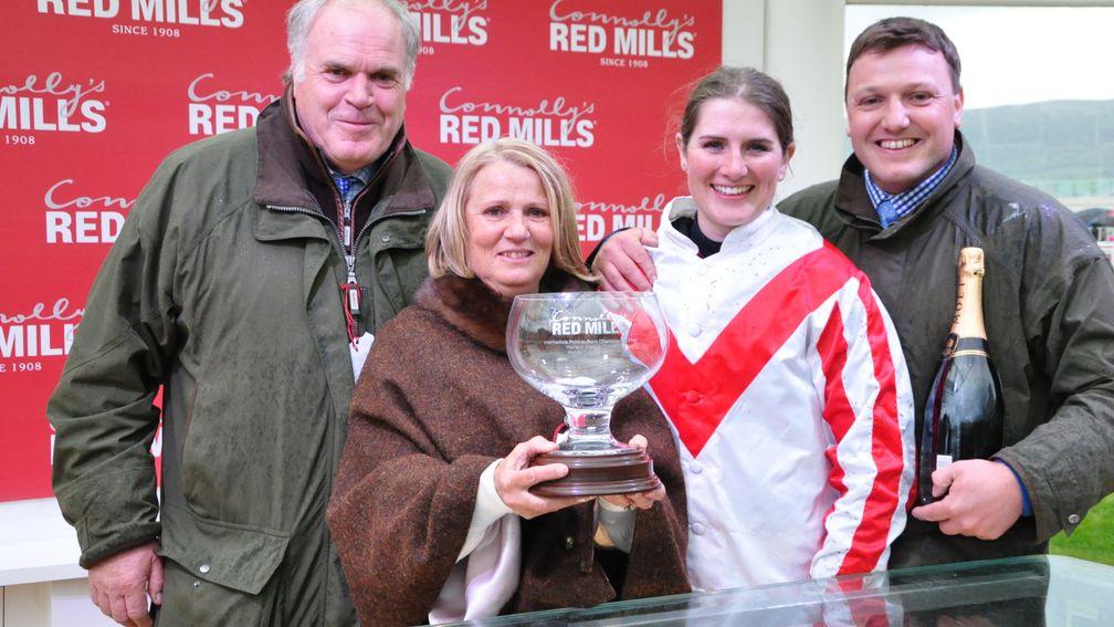 Tony and Pippa Ellis with son Tom and daughter-in-law Gina Andrews after Latenightpass's win at Cheltenham in 2019