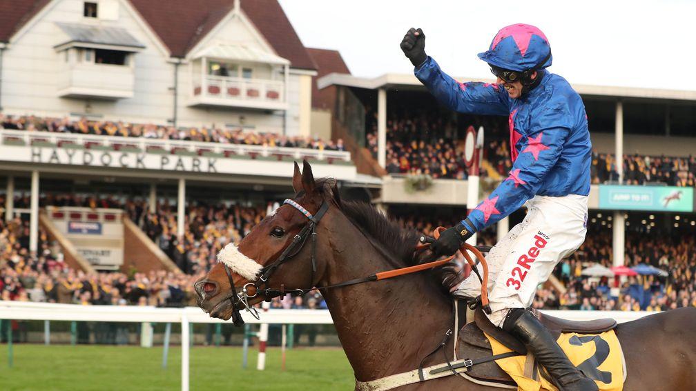 CUE CARD Ridden by Paddy Brennan wins THE BETFAIR CHASE at Haydock 18/11/16
Photograph by Grossick Racing Photography