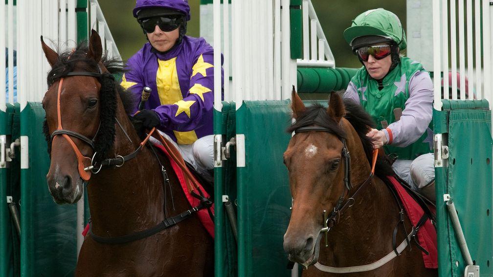 Hayley Turner on winner Shesha Bear (left) and Cathy Gannon and Penang Cinta break from the stalls together at Epsom in 2011