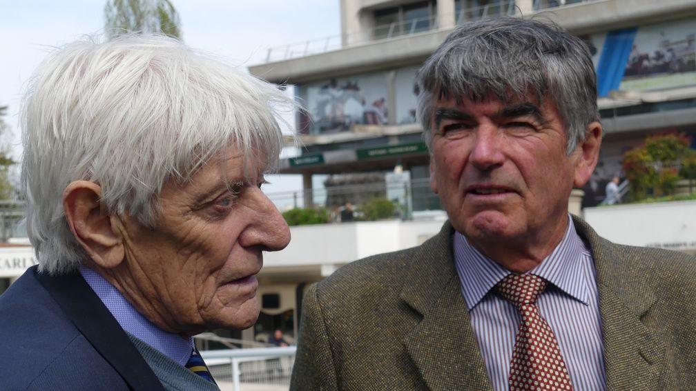 Owner Jim Gordon (left) and trainer Marcel Rolland after Crystal Beach's win in the Prix Murat at Auteuil