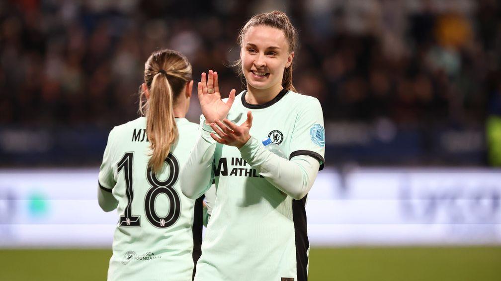 Niamh Charles celebrates Chelsea's 4-0 win at Paris FC