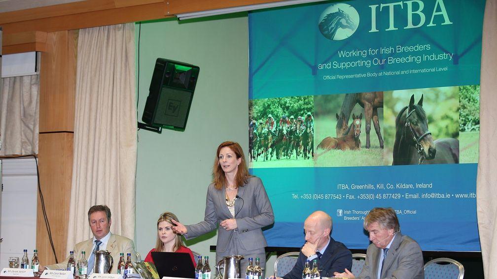 Lynn Hillyer speaks at an Irish Thoroughbred Breeders' Association seminar in February