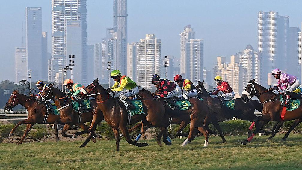 Action from the 2023 Indian Derby at at the Mahalaxmi racecourse in Mumbai 