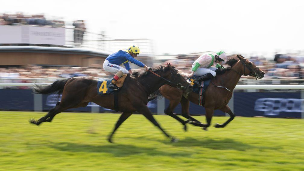 Deauville (pink), seen here winning the 2017 Huxley Stakes at Chester, was a high-profile recruit for Indian breeding