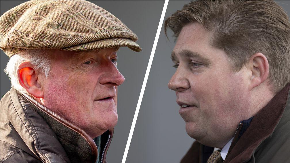Willie Mullins (left) leads Dan Skelton in the 2023-24 British jumps trainers' title