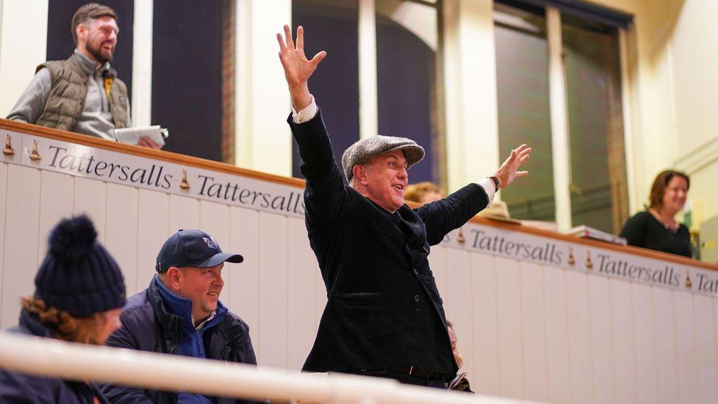 Clive Washbourn celebrates after buying Lynn Lodge Stud's Pinatubo colt at the Tattersalls December Yearling Sale