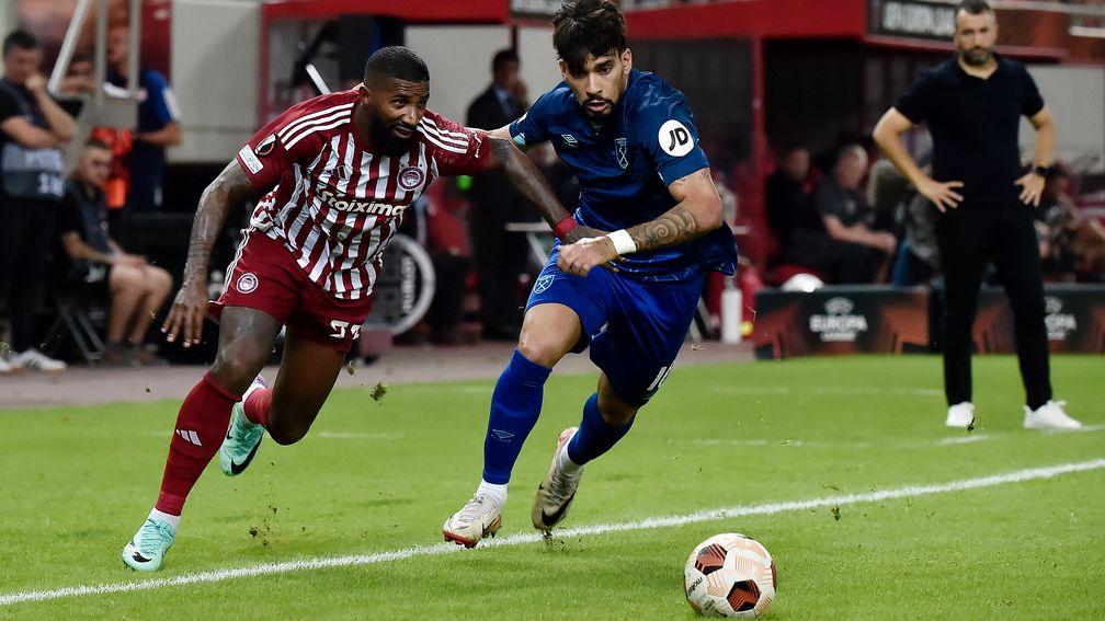 West Ham's Lucas Paqueta (right) scored a late consolation goal in the defeat to Olympiakos