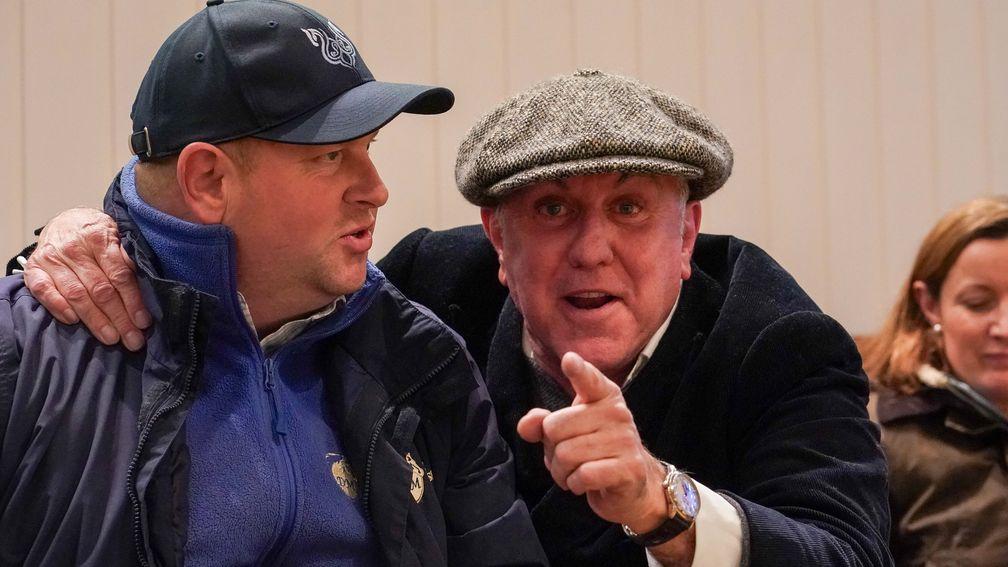 David Menuisier and Clive Washbourn in conversation after buying Lynn Lodge Stud's Pinatubo colt for 200,000gns at Tattersalls