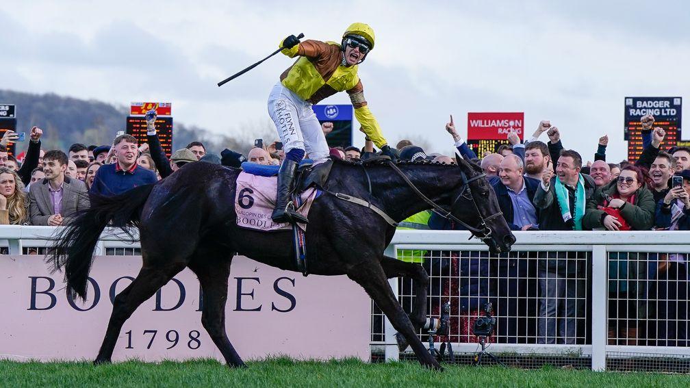 CHELTENHAM, ENGLAND - MARCH 17: Paul Townend riding Galopin Des Champs win The Boodles Cheltenham Gold Cup Chase during day four of the Cheltenham Festival 2023 at Cheltenham Racecourse on March 17, 2023 in Cheltenham, England. (Photo by Alan Crowhurst/Ge