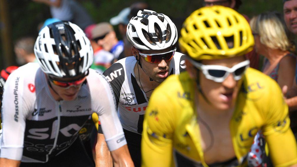 Geraint Thomas (yellow jersey), Chris Froome and Tom Dumoulin on Stage 19