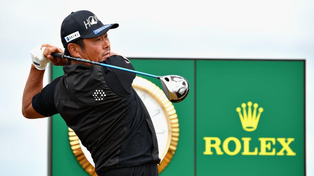 Hideto Tanihara hits a tee shot in practice at Carnoustie