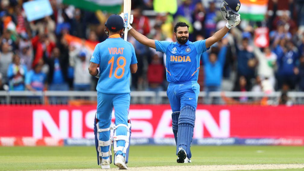 India opener Rohit Sharma celebrates reaching 100 against Pakistan at Old Trafford