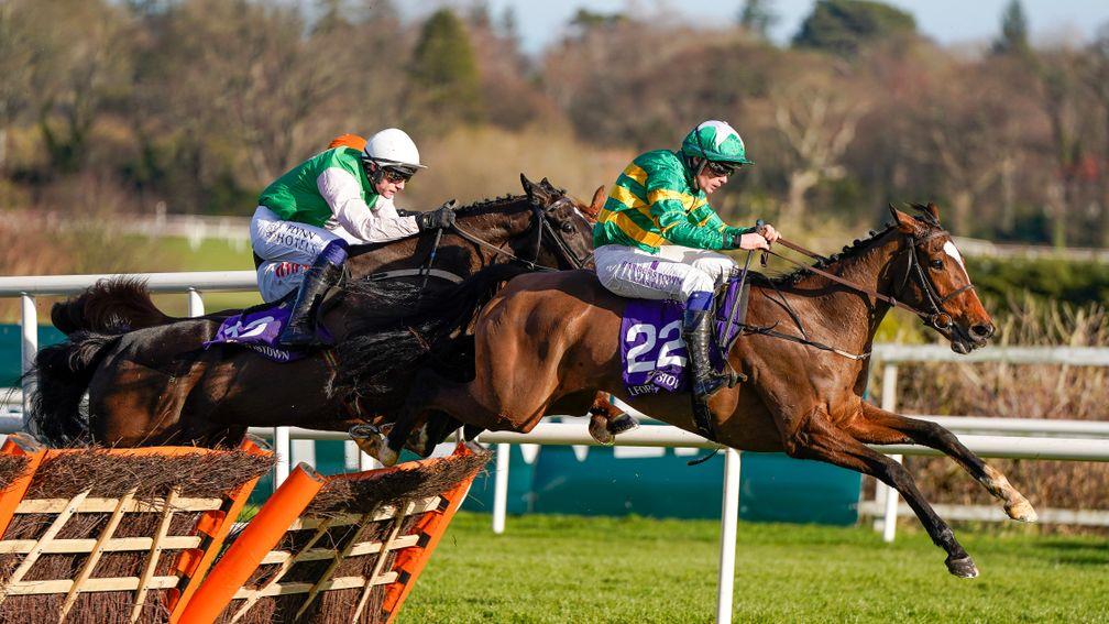 Simon Torrens and Ballybawn Belter clear the last to win the Irish Stallion Farms EBF Paddy Mullins Mares Handicap Hurdle at Leopardstown
