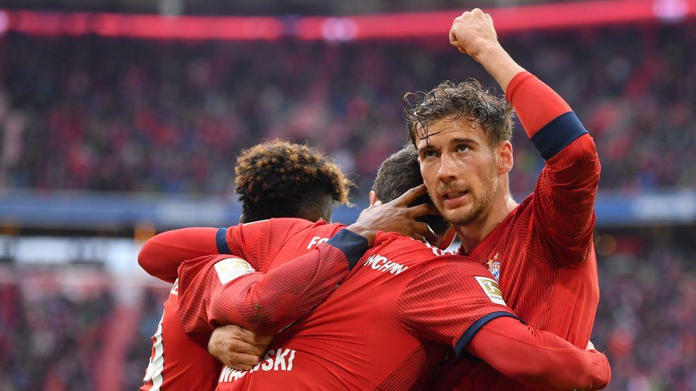 Robert Lewandowski celebrates with his Bayern Munich teammates