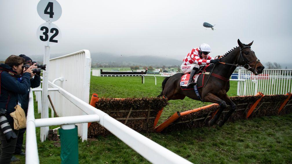 Hang in There (Adam Wedge) clears the final flight and wins the 2m novices hurdleCheltenham 17.11.19 Pic: Edward Whitaker