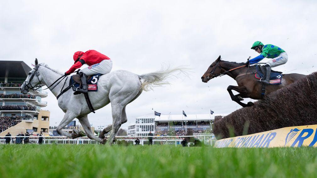 Harry Skelton riding Grey Dawning en route to winning Turners Novices' Chase from Ginny's Destiny at Cheltenham
