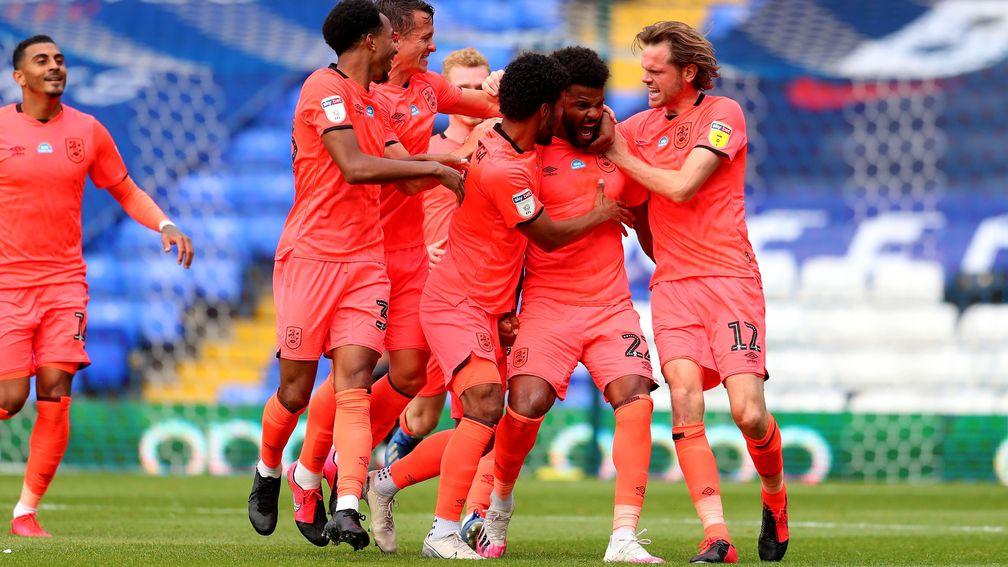 Huddersfield's Fraizer Campbell celebrates his goal in last week's 3-0 win at Birmingham