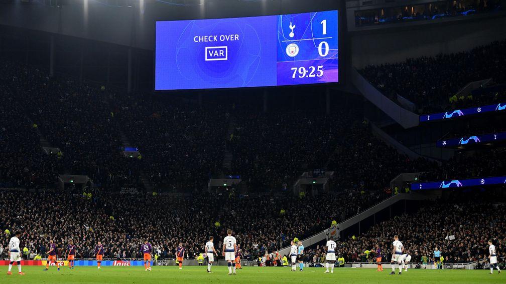VAR checks the Tottenham goal during the  Champions League quarter-final first leg against Manchester City