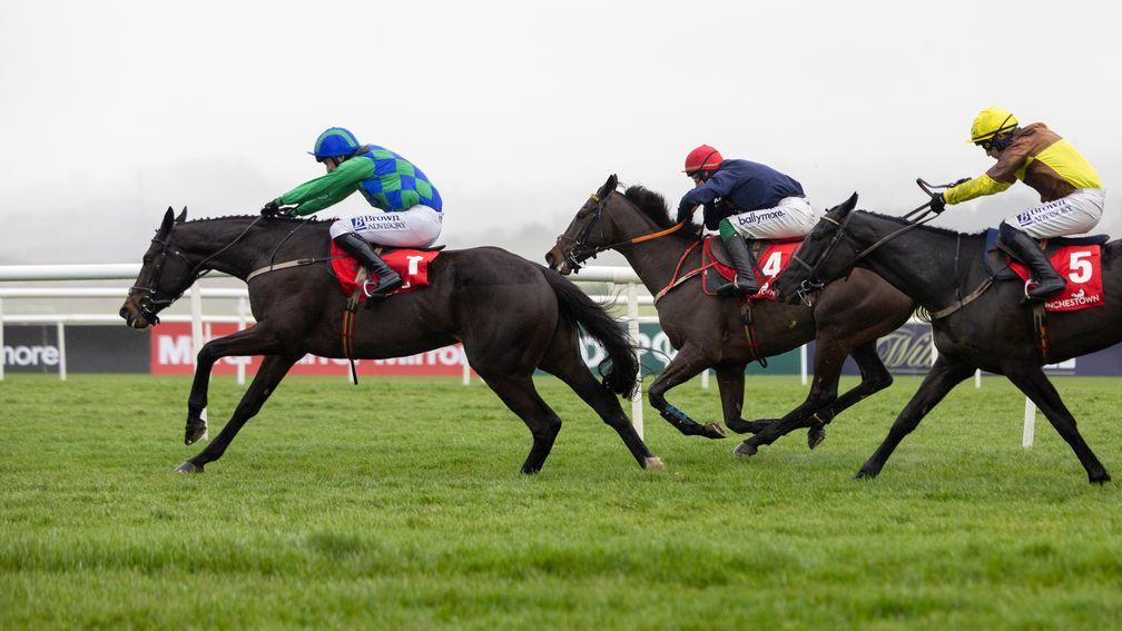 Galopin Des Champs (right) finished third behind Fastorslow (centre) and Appreciate It in the John Durkan on Sunday