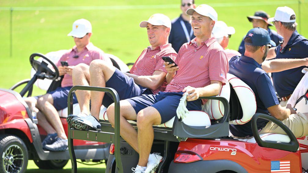 Justin Thomas (L) and Jordan Spieth were all smiles after day one of the Presidents Cup