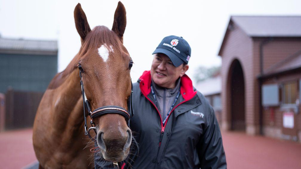 Jane Chapple-Hyam, pictured with her former stable star Saffron Beach, will take on the jumps trainers at Cheltenham