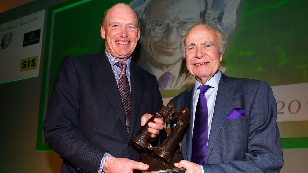 John Gosden (left) presents the Sir Peter O'Sullevan award to Hugh McIlvanney