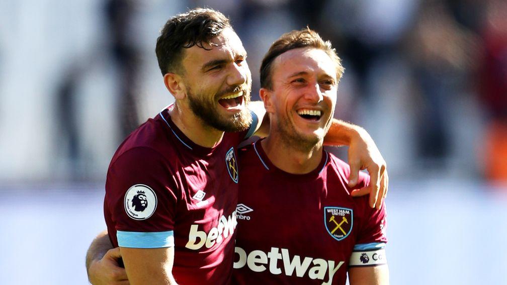 West Ham duo Robert Snodgrass (left) and Mark Noble are all smiles