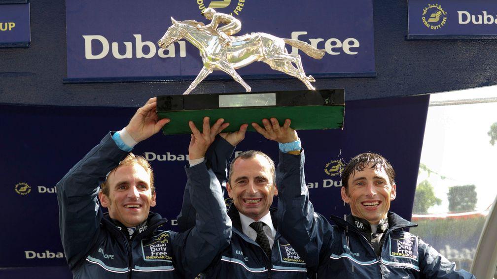 Gérald Mossé (centre) captained Europe to the 2013 Shergar Cup with Andrasch Starke (left) and Loritz Mendizabal