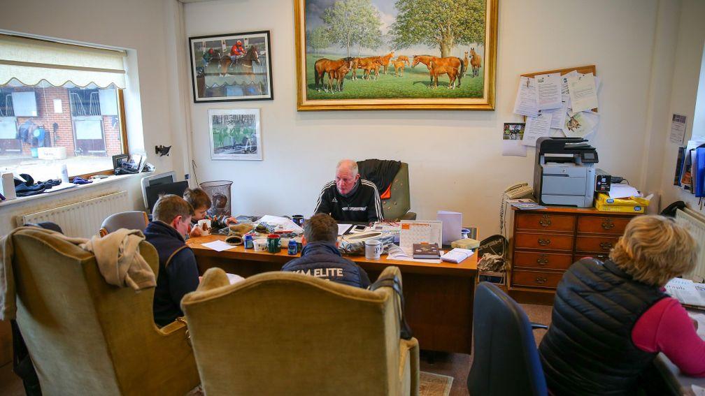 Gary with Jamie and Joshua Moore in the office at Cisswood Racing Stables