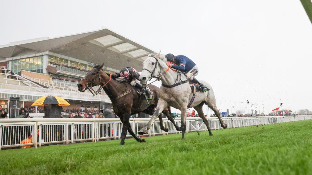 Snow Leopardess (right) just denies Hill Sixteen in the Becher Chase at Aintree