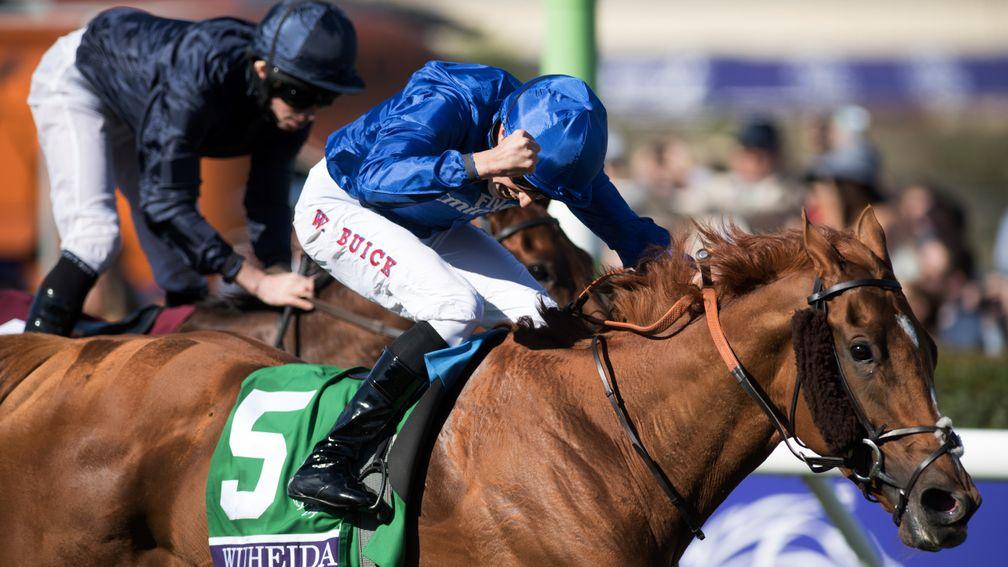 Punching the air: William Buick celebrates a first winner at the Breeders' Cup with the Charlie Appleby-trained Wuheida landing the Filly & Mare Turf