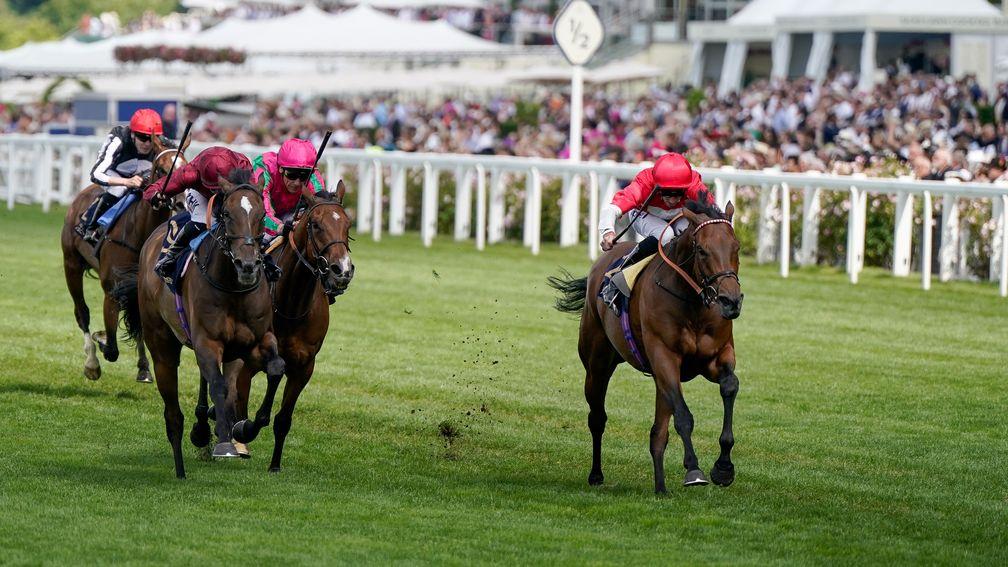 Daniel Tudhope riding Rogue Millennium (right) win the Duke Of Cambridge Stakes on day two during Royal Ascot 2023