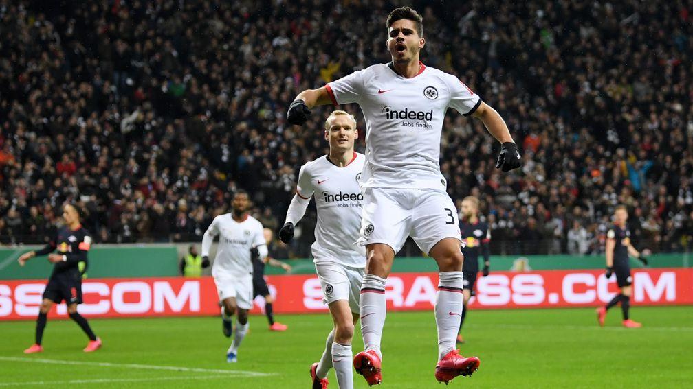 Andre Silva celebrates scoring for Eintracht Frankfurt against RB Leipzig