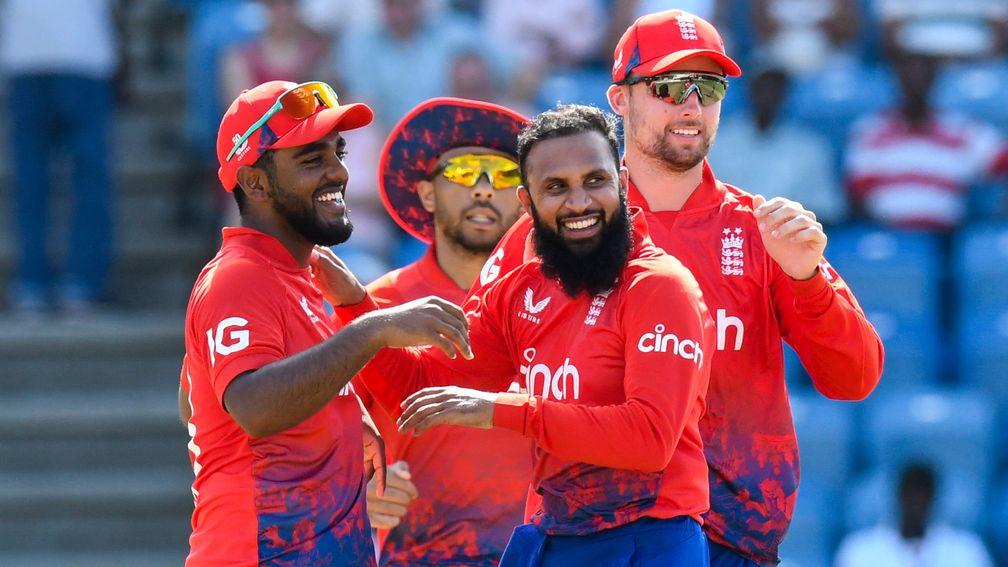 England celebrate one of Adil Rashid's wickets in the second T20 against the West Indies