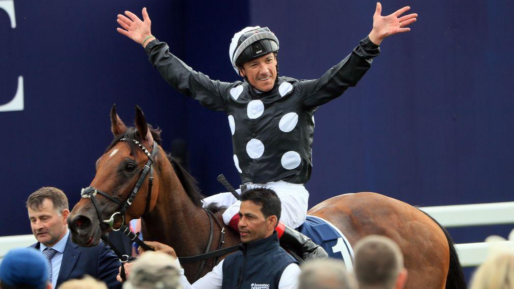 EPSOM, ENGLAND - MAY 31:  Frankie Dettori celebrates after riding Anapurna to victory in the Investec Oaks at Epsom Racecourse on May 31, 2019 in Epsom, England. (Photo by Andrew Redington/Getty Images)